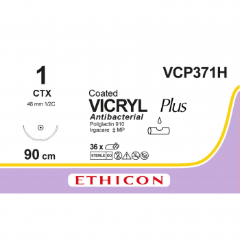 Викрил Плюс (VICRYL Plus) Антибактериальный 1, колючая 48 мм, 1/2 кола, фиолетовый 90см VCP371H